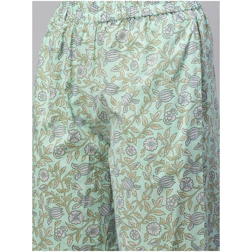 Women Sea Green & White Printed Pure Cotton Kurta with Trousers
