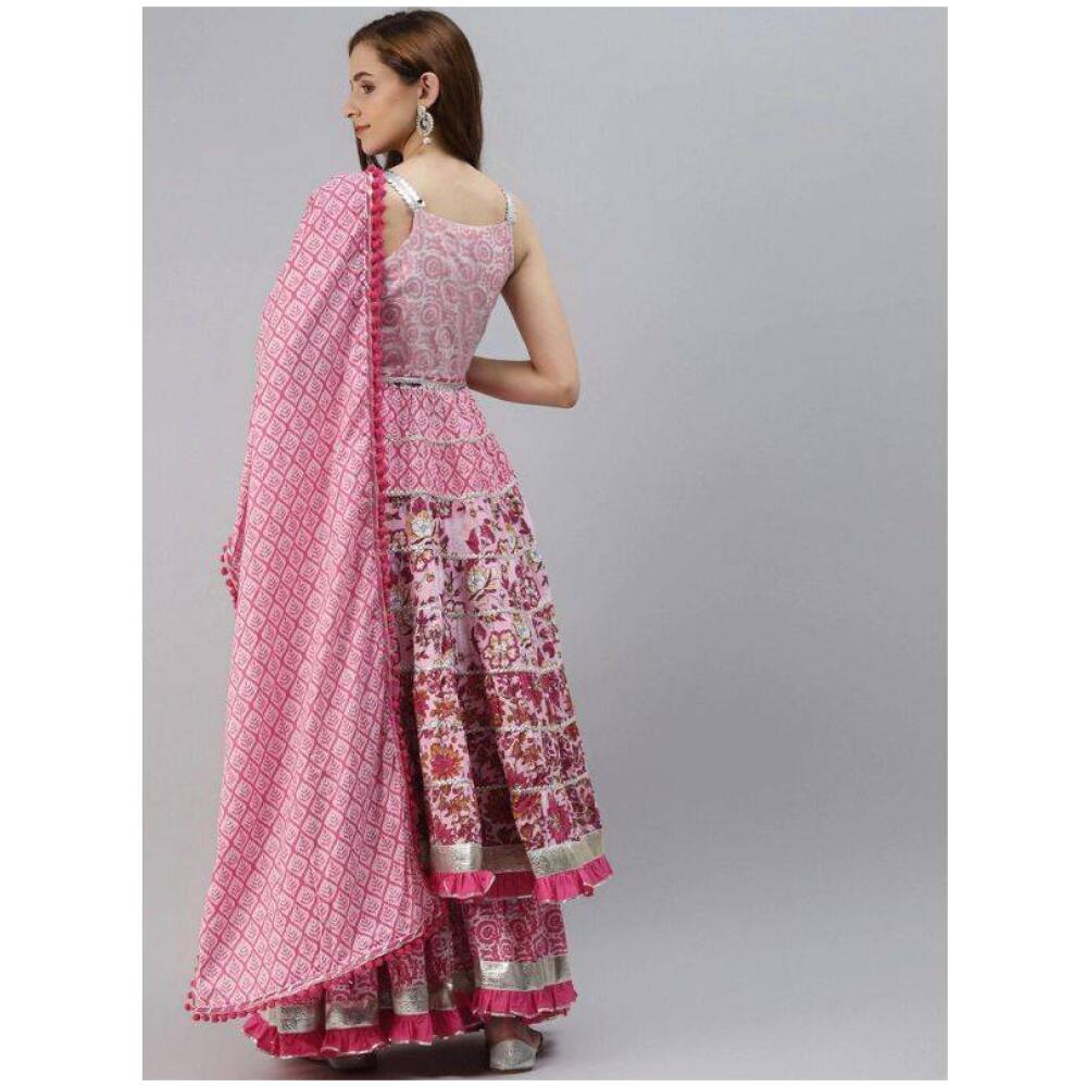 Women Pink Floral Printed Empire Pure Cotton Kurta with Sharara & Dupatta