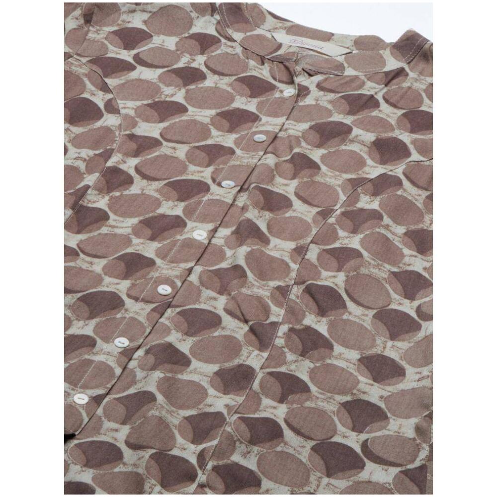 Brown & Beige Geometric Print Mandarin Collar Roll-Up Sleeves Shirt Style Top
