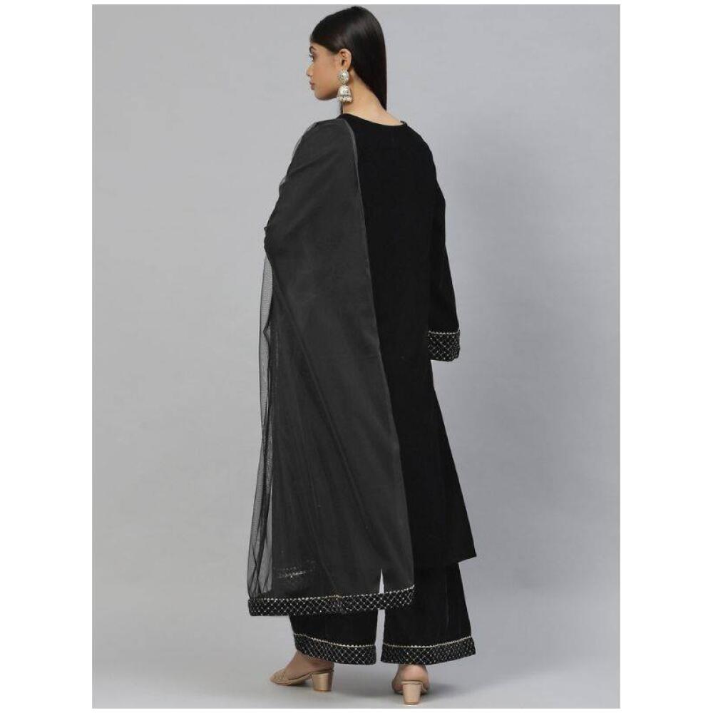 Women Black Yoke Design Sequinned Velvet Kurta with Palazzos & With Dupatta