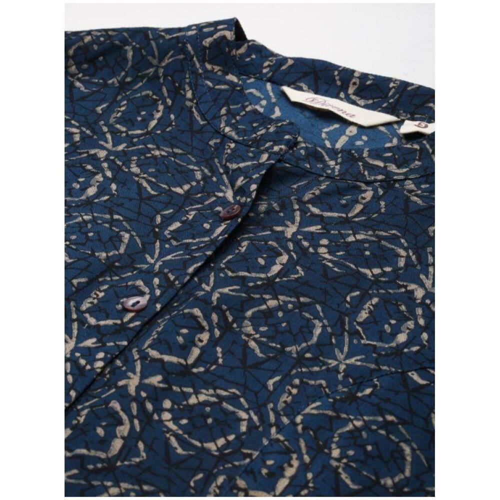 Navy Blue & Grey Print Mandarin Collar Roll-Up Sleeves A-Line Top