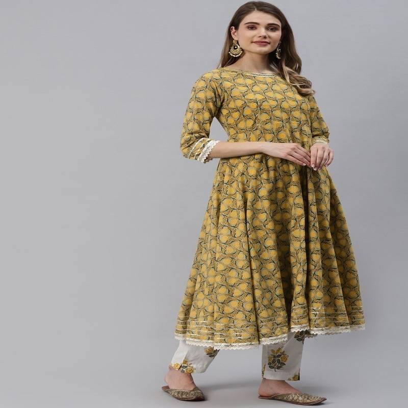 Women Mustard Yellow Floral Printed Pure Cotton Kurta with Trousers & With Dupatta