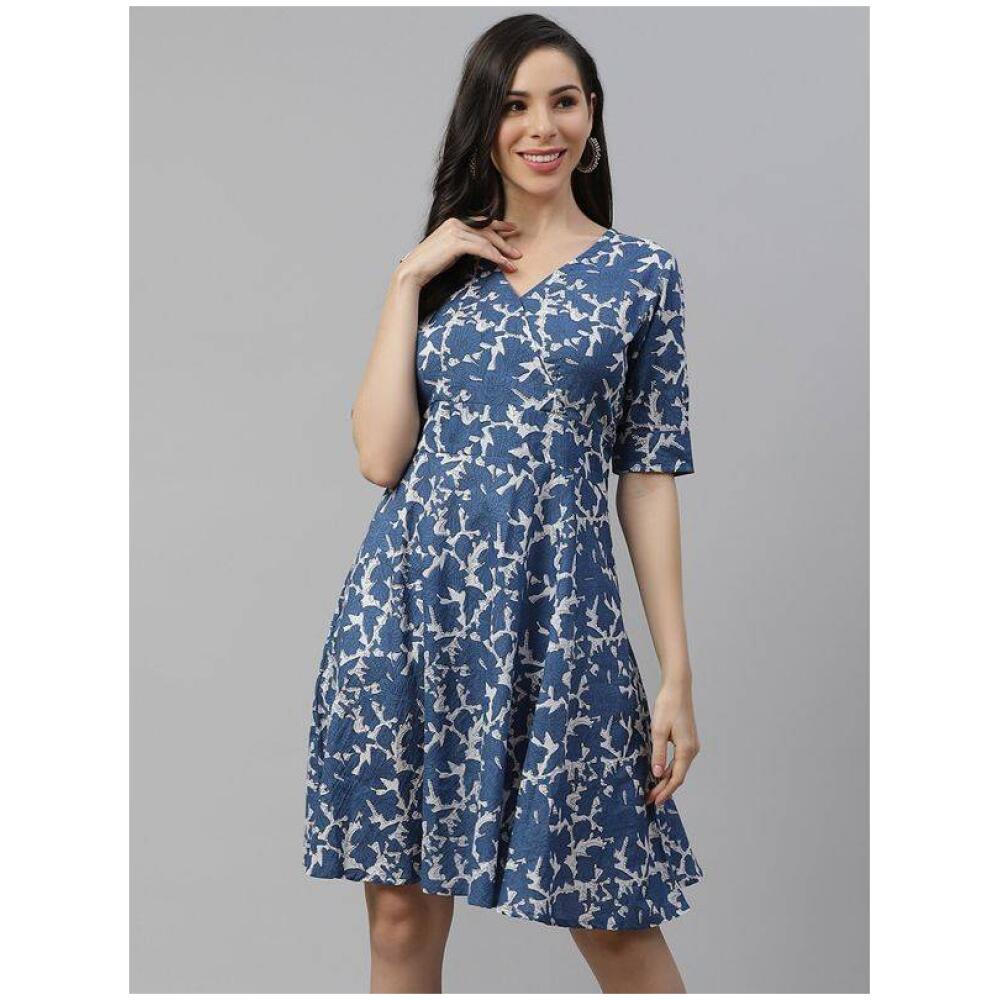 Women Blue & White Pure Cotton Floral Print Wrap Dress