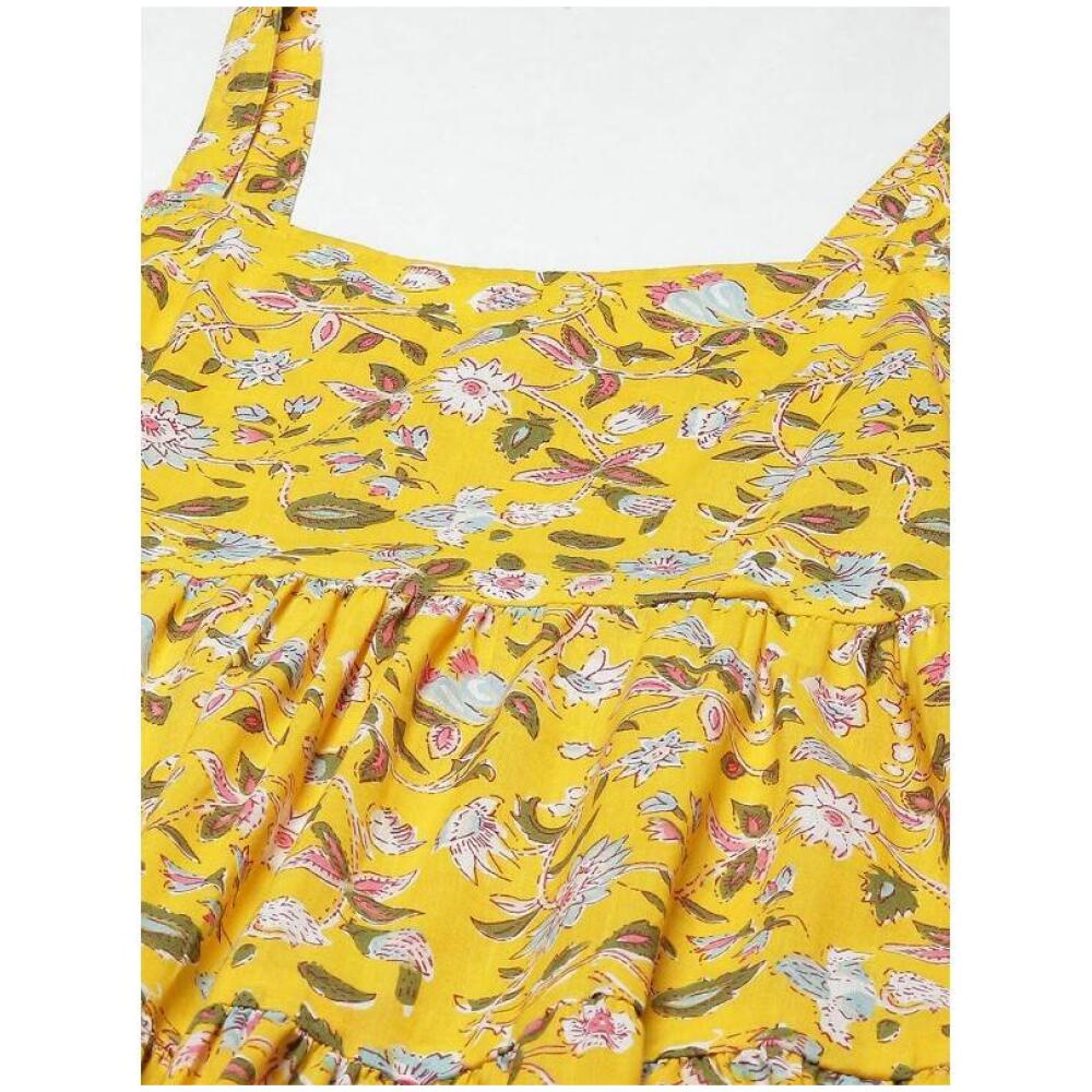 Women Yellow Floral Fit And Flare Cotton Midi Dress