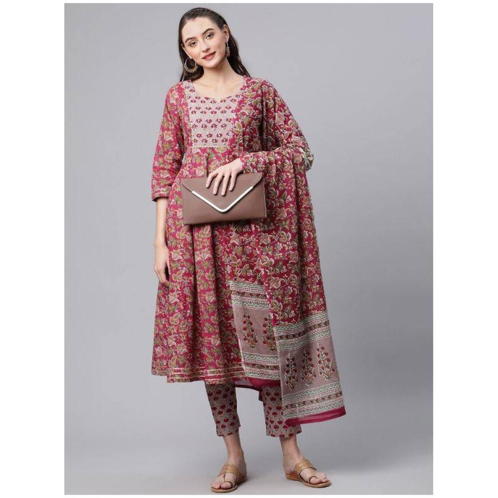 Women Pink Floral Printed Gotta Patti Pure Cotton Kurta with Trousers & With Dupatta F