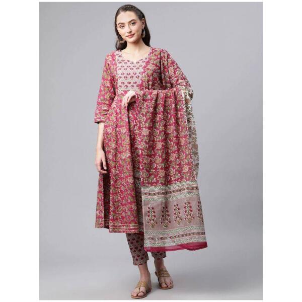 Women Pink Floral Printed Gotta Patti Pure Cotton Kurta with Trousers & With Dupatta