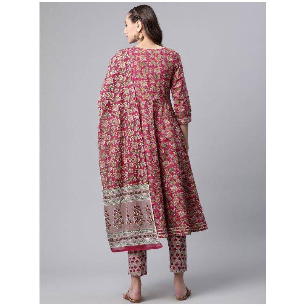 Women Pink Floral Printed Gotta Patti Pure Cotton Kurta with Trousers & With Dupatta D