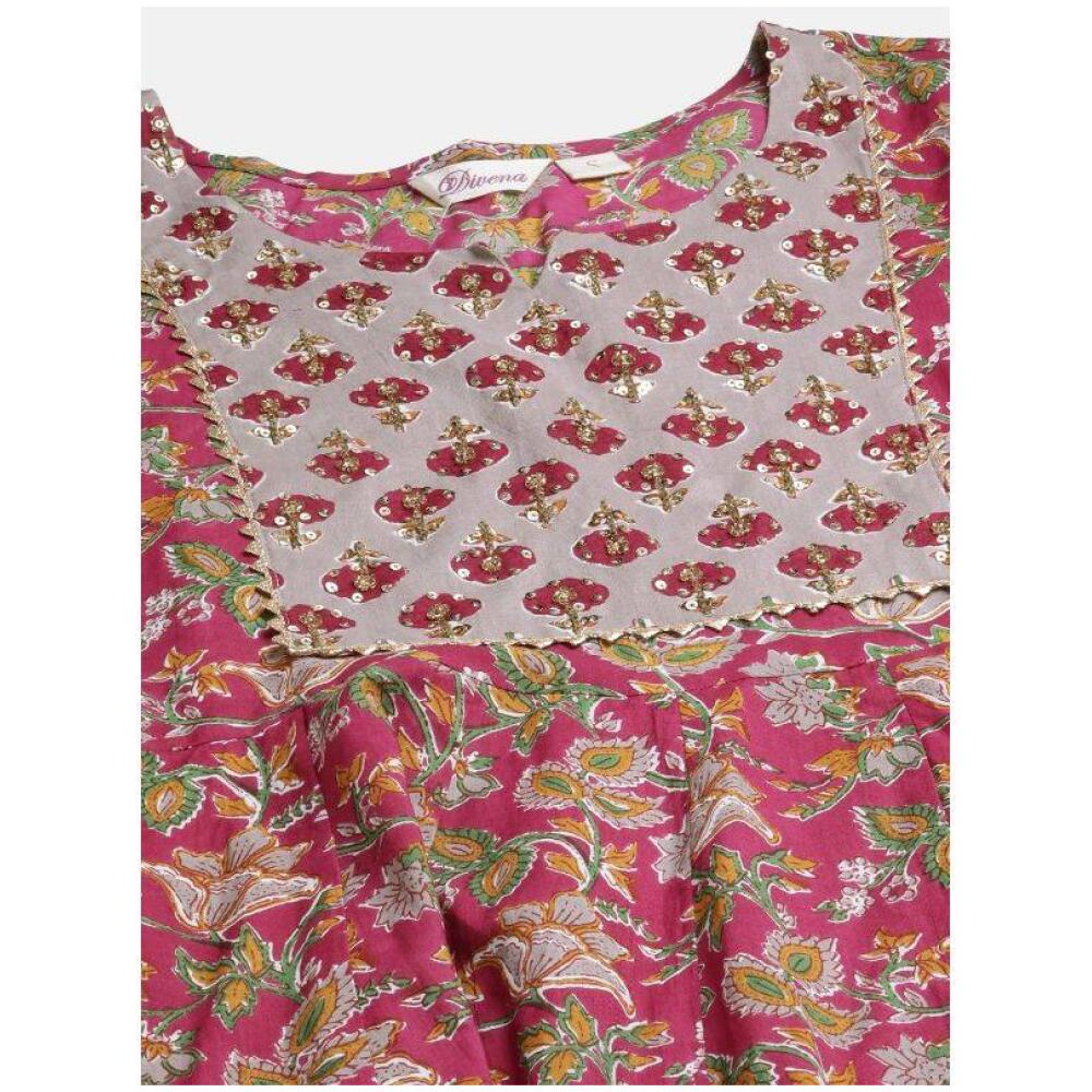 Women Pink Floral Printed Gotta Patti Pure Cotton Kurta with Trousers & With Dupatta A