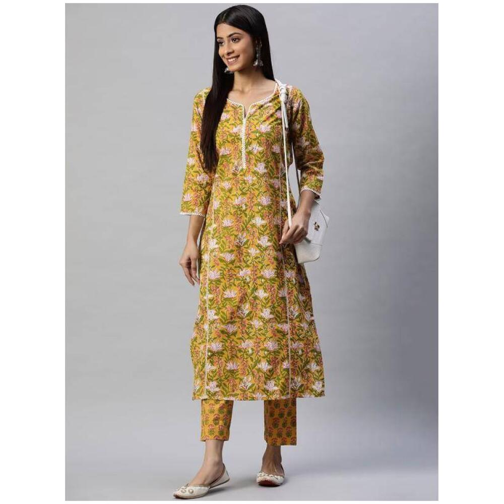 Women Floral Printed Thread Work Pure Cotton Kurta with Trousers