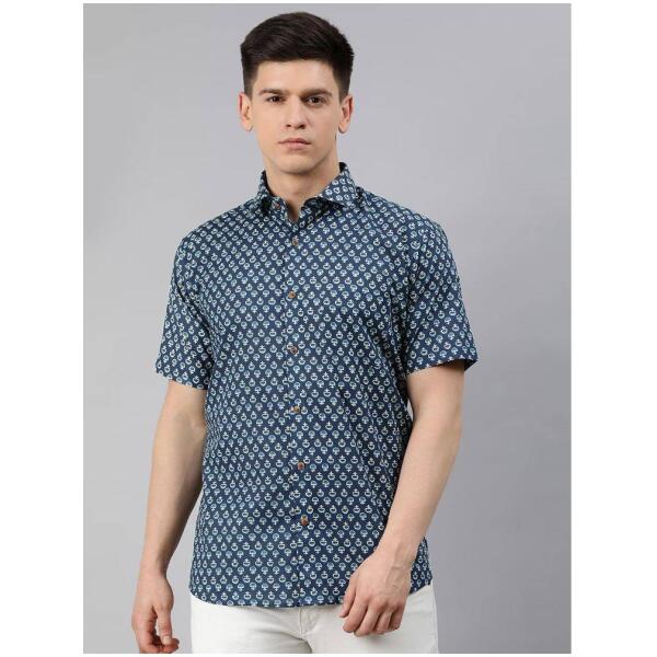Navy Blue & Off-White Regular Fit Printed Casual Shirt