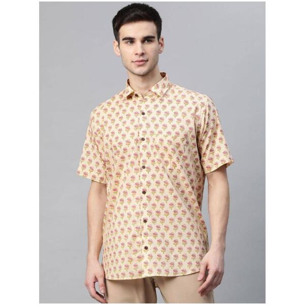 Beige Floral Printed Pure Cotton Casual Shirt