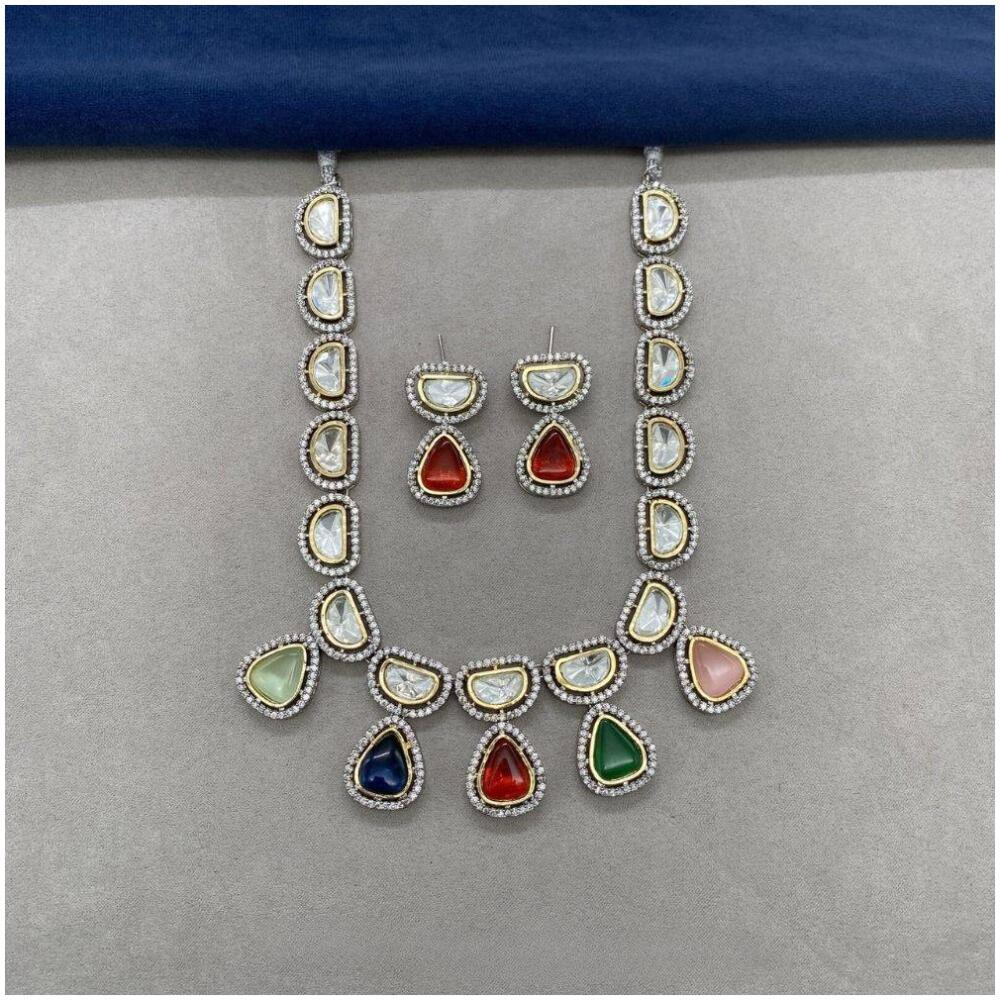 Pure brass real kundan necklace set with earrings from Virtual Kart's premium collection Multi color color