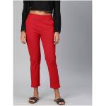 Women Red Straight Fit Solid Regular Trousers