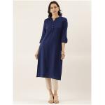 Women Navy Blue Solid Roll-Up Sleeves Roll-Up Sleeves Kurta