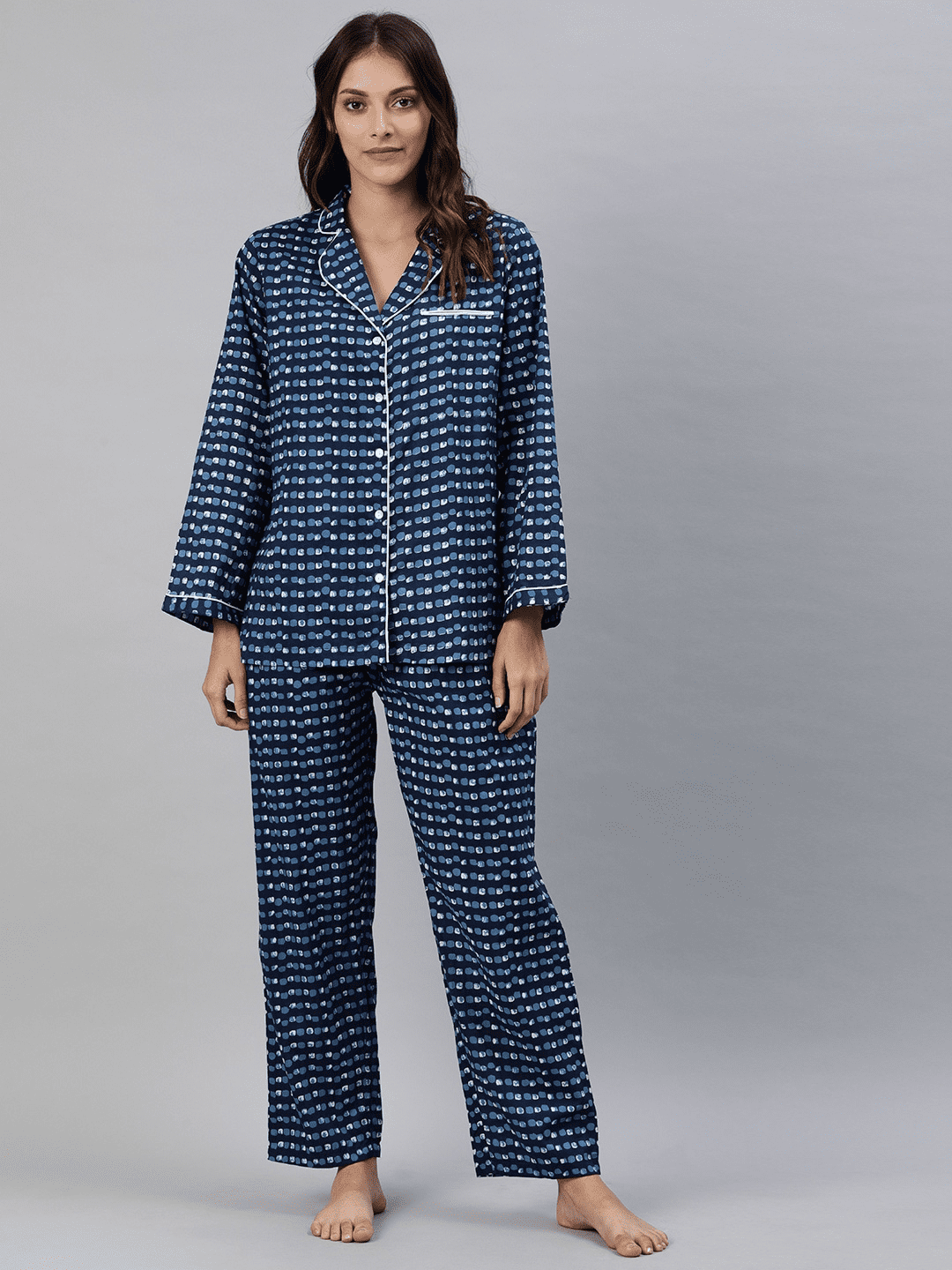 Women Blue & White Printed Night Suit - Virtual Kart