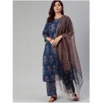 Women Navy Blue & Rust Red Floral Printed Kurta with Trousers & Dupatta