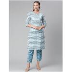 Women White & Turquoise Blue Ethnic Motifs Printed Pure Cotton Kurta with Trousers