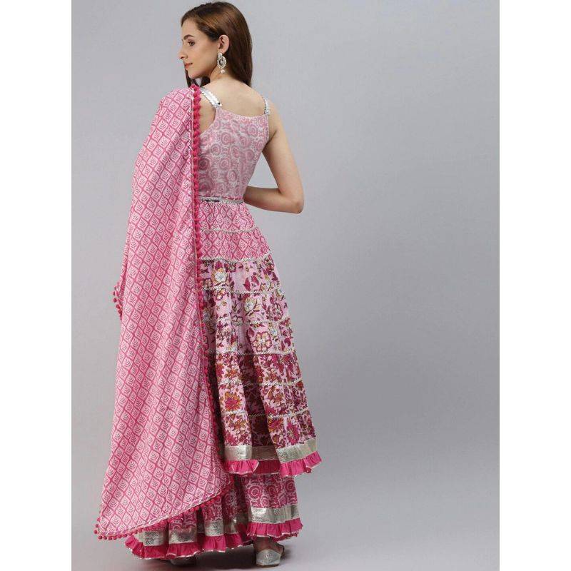 Women Pink Floral Printed Empire Pure Cotton Kurta with Sharara & Dupatta