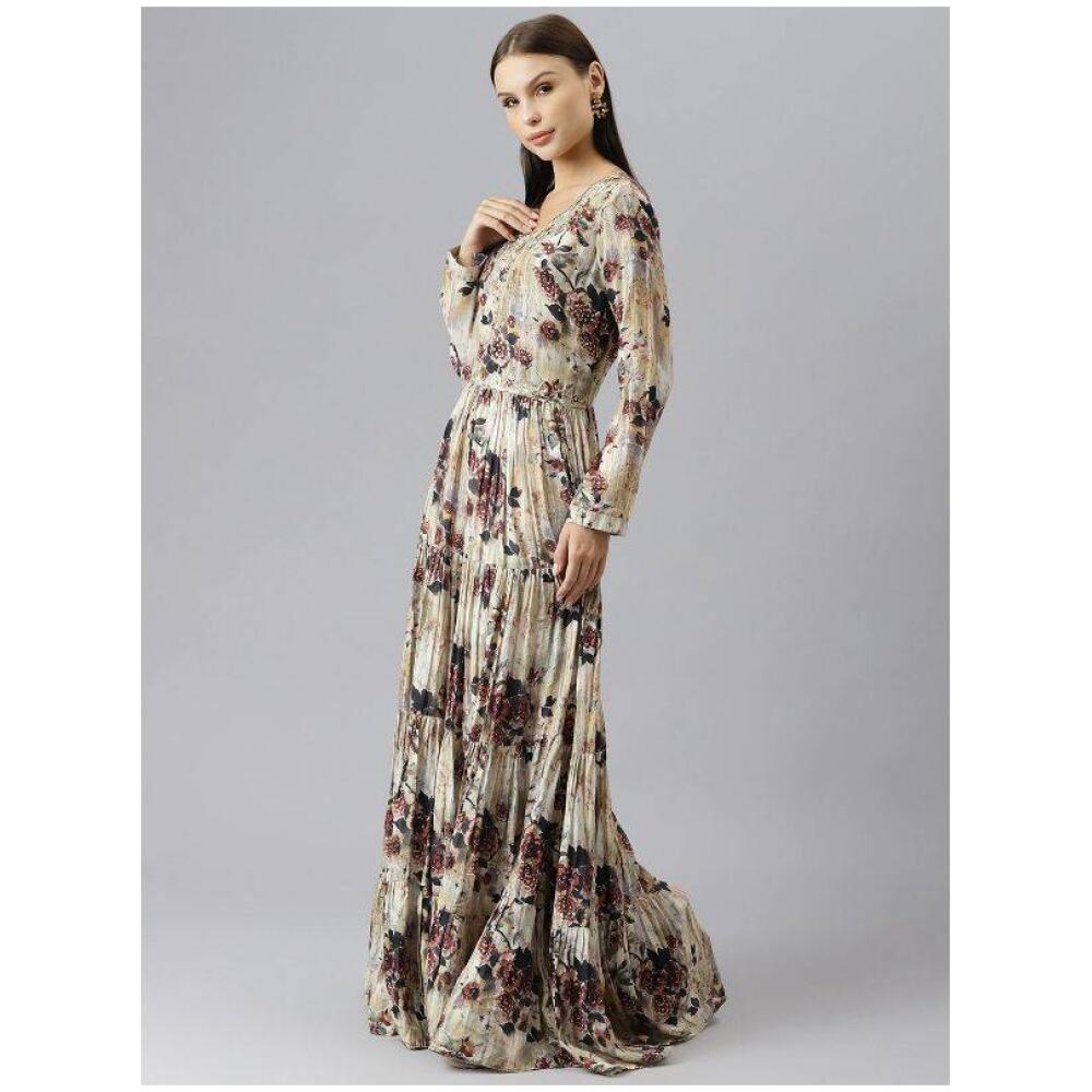 Grey & Green Floral Print Satin Flared Gown qw