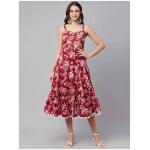 Women Red & White Floral Cotton Midi Dress