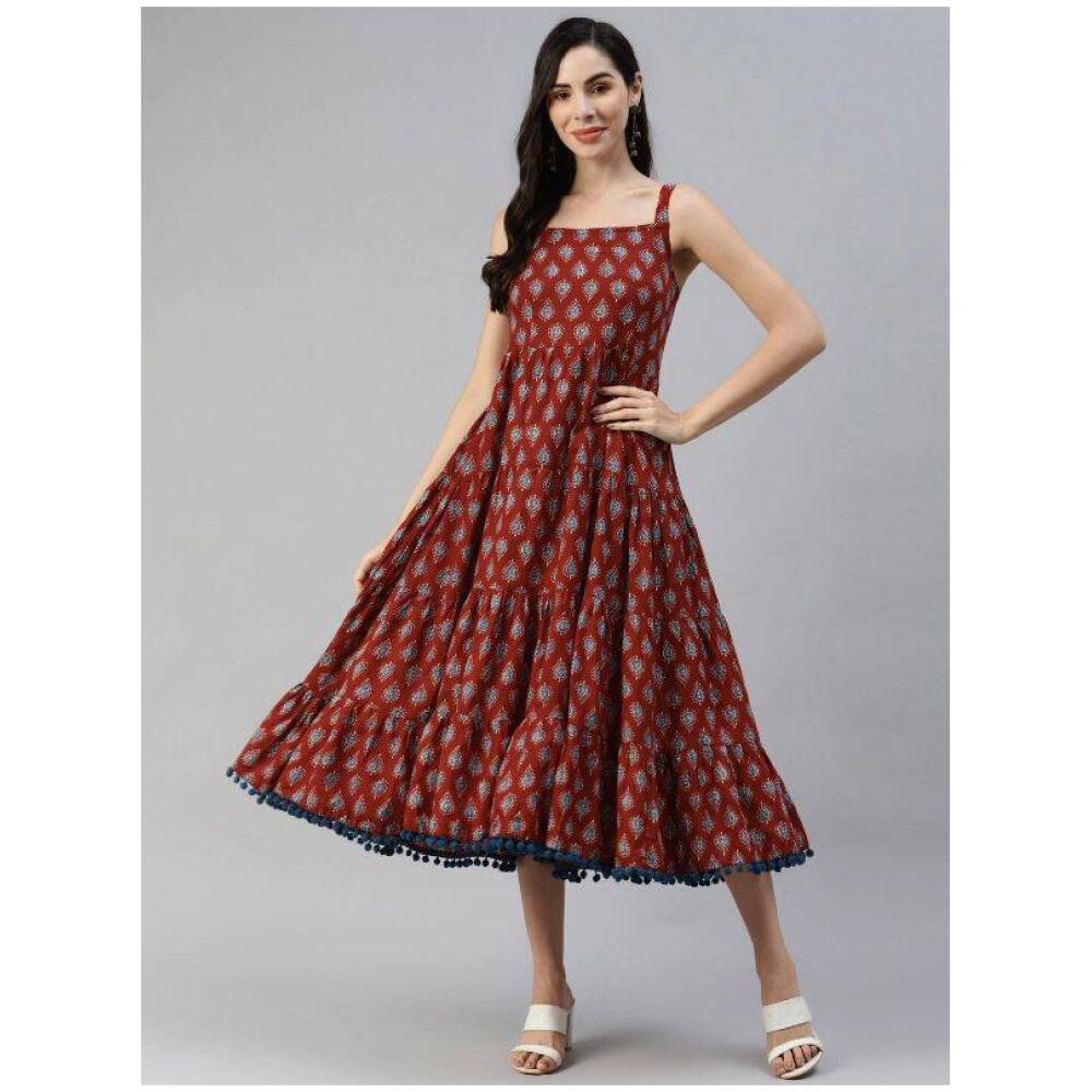 Women Maroon Ethnic Motifs Shoulder Straps Cotton A-Line Dress
