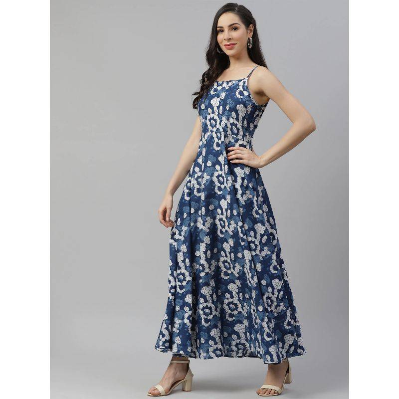 Women Blue & White Pure Cotton Floral Print Maxi Dress