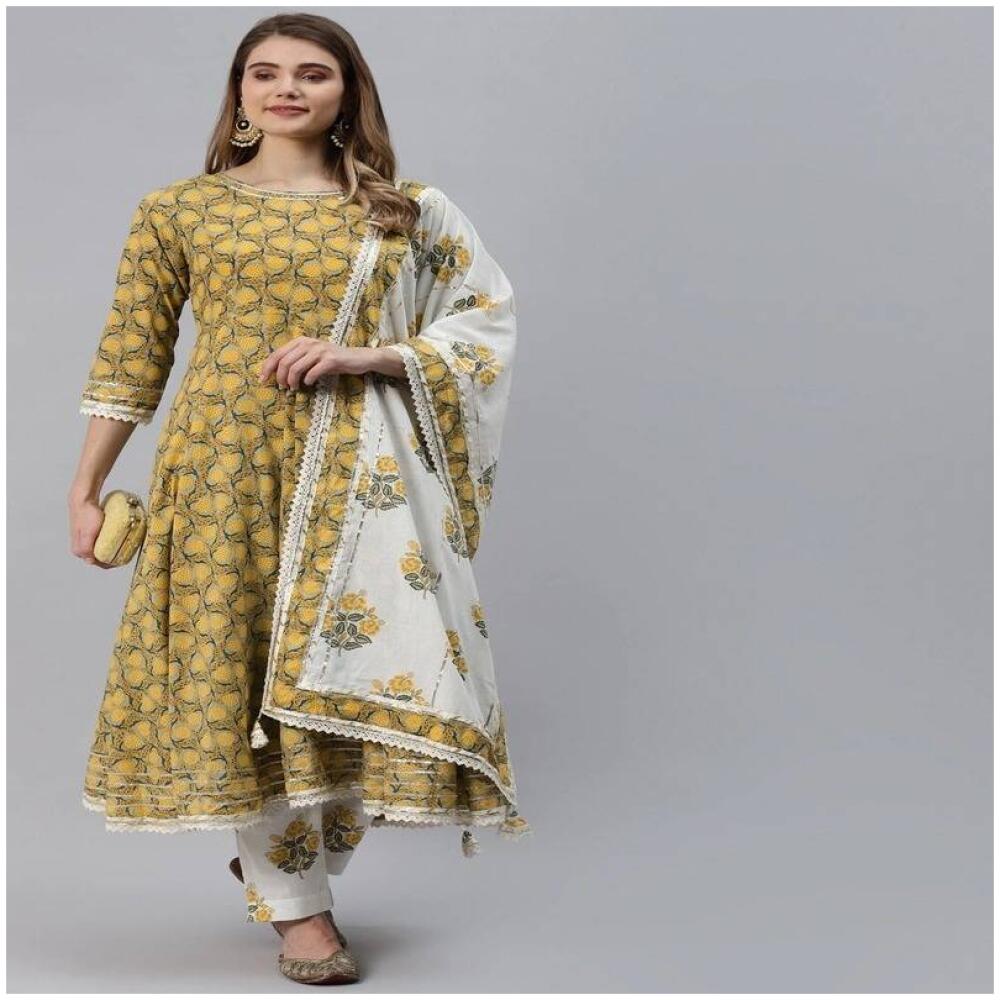 Women Mustard Yellow Floral Printed Pure Cotton Kurta with Trousers & With Dupatta front