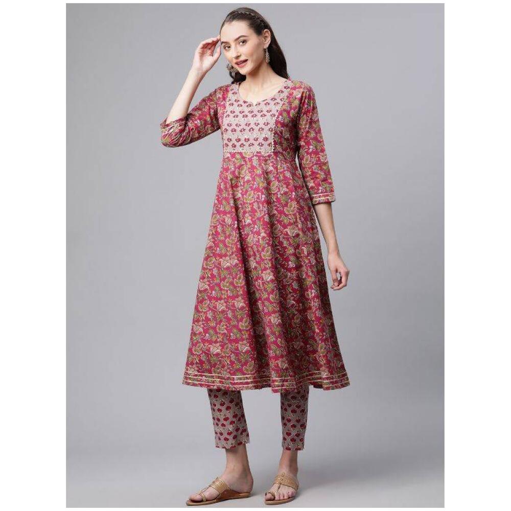 Women Pink Floral Printed Gotta Patti Pure Cotton Kurta with Trousers & With Dupatta E