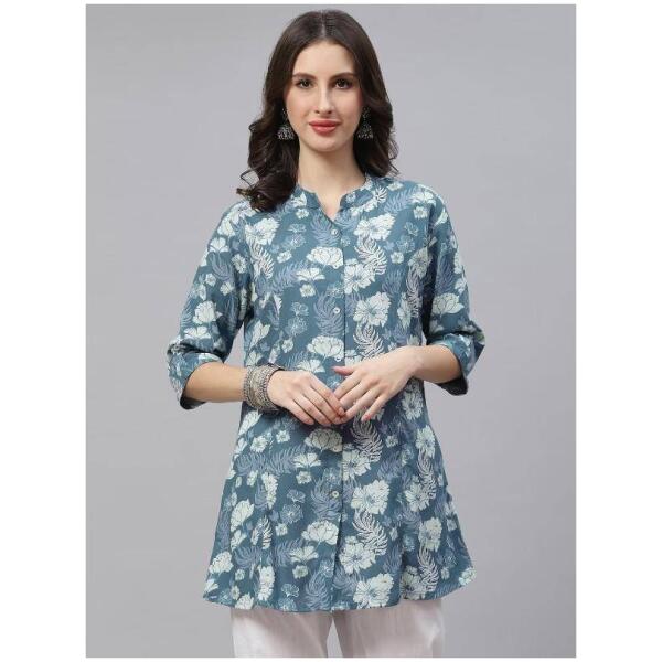 Blue Floral Print Mandarin Collar Roll-Up Sleeves Shirt Style Top