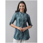 Divena Abstract Printed Mandarin Collar Roll-Up Sleeves Shirt Style Top