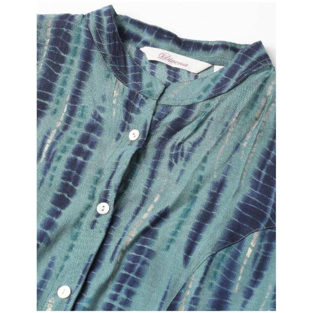 Blue Floral Print Mandarin Collar Roll-Up Sleeves Shirt Style Top fabric