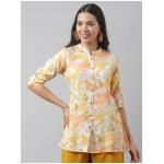 Divena Floral Print Mandarin Collar Roll-Up Sleeves A-line Shirt Style Top