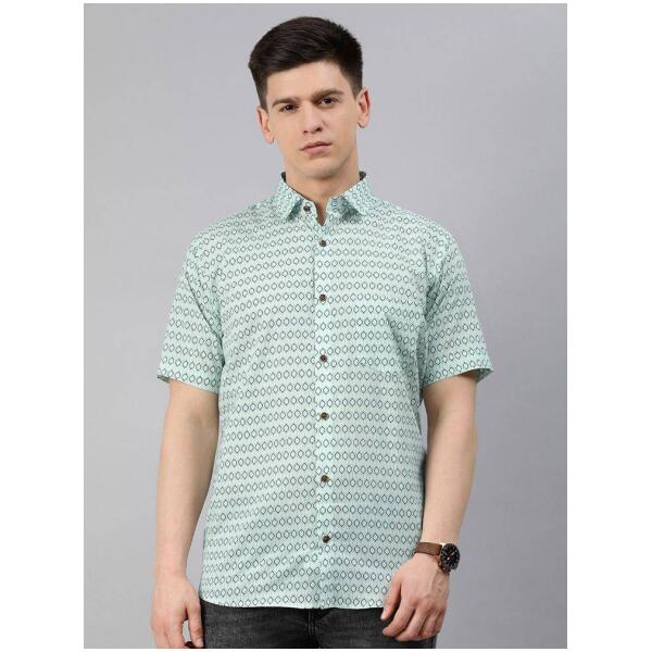 Men White & Sea Green Regular Fit Printed Casual Shirt