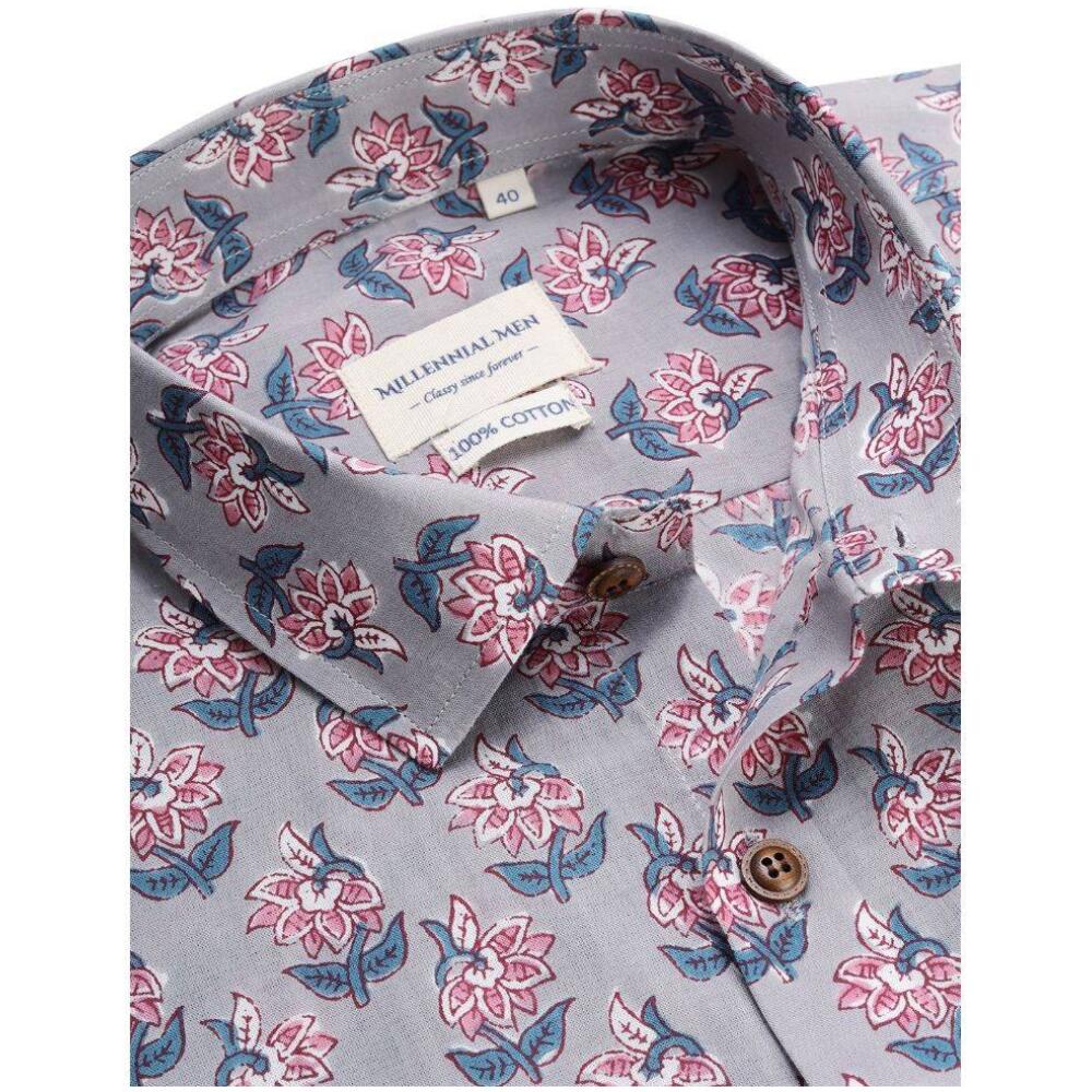 Men Grey & Pink Regular Fit Floral Printed Casual Shirt