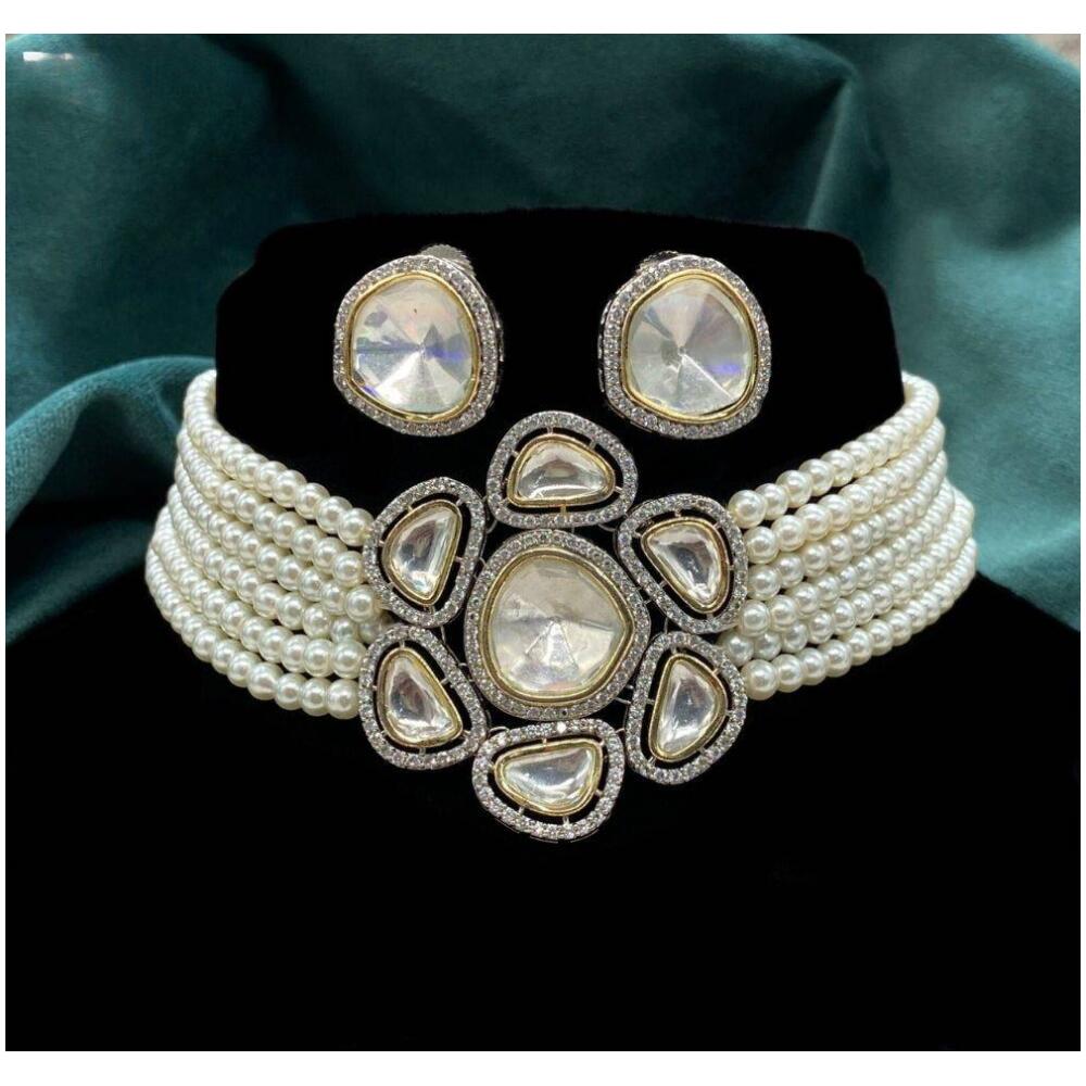 Pure brass real kundan choker set with earrings in white color from Virtual Kart's premium collection