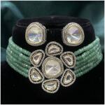 Pure Brass Real Kundan Choker Set with Earrings in Green Color - Premium Collection