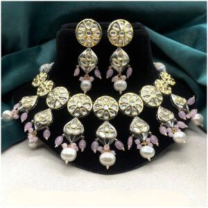 Pure brass real kundan choker set with earrings in pink color from Virtual Kart's premium collection
