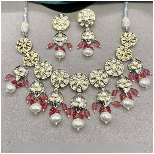 Pure brass real kundan choker set with earrings in maroon color from Virtual Kart's premium collection