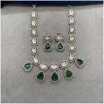 Pure Brass Real Kundan Jewellery Necklace Set with Earrings (Green)