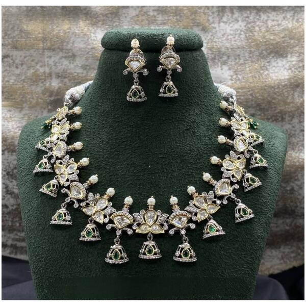 Pure brass real kundan jewellery necklace set with earrings, silver plating