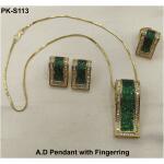 Pure Brass High Gold Plating Real AD Pendant set with Fingerring (Green)
