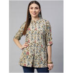 Beige & Pink Floral Print Mandarin Collar Roll-Up Sleeves Shirt Style Top