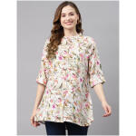 Off White & Green Floral Print Mandarin Collar Roll-Up Sleeves A-Line Top